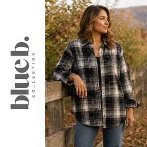 Blue B Collection, Black White Plaid Button Down Flannel Long Sleeve Shirt Small